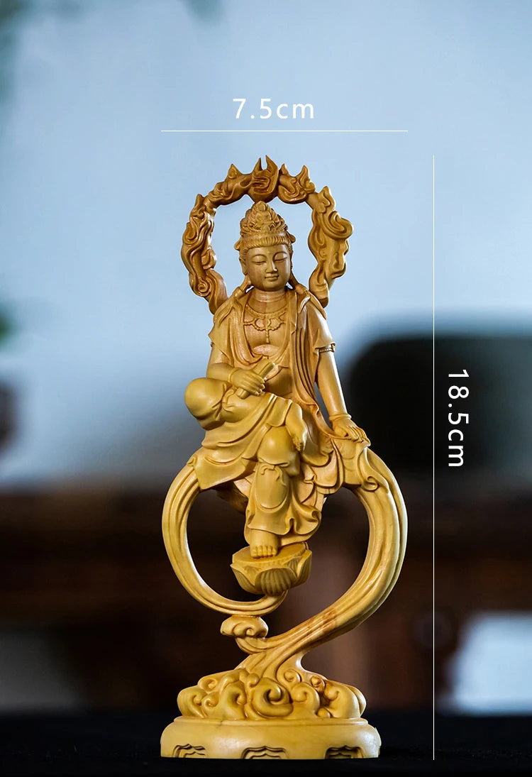Boxwood 18.5cm Flame Guanyin Sculpture Wood Carving Buddha Statue Peaceful Worship Feng Shui Guan Yin Home Decor