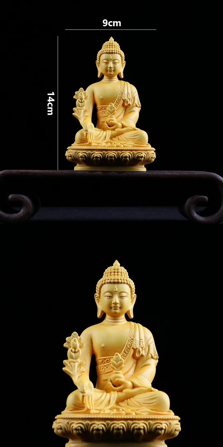 Boxwood 14CM Bhaisajya Guru Vaidurya Prabharaja Buddha Statue Gifts Wood Figures Buddha Statues Home Decor Collection
