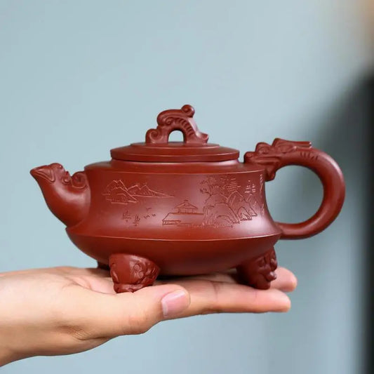 Dahongpao Kung Fu Handmade Teapot, Kung-Fu Teaware, Purple Clay Drinkware for Puer, Three-Legged Dragon Pot, Yixing, Raw Ore