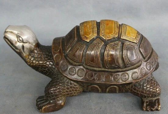 wholesale factory 8" Chinese Bronze Sculpture Decoration Brass Wealth Longevity Shou Sea Turtle Statue 25% off