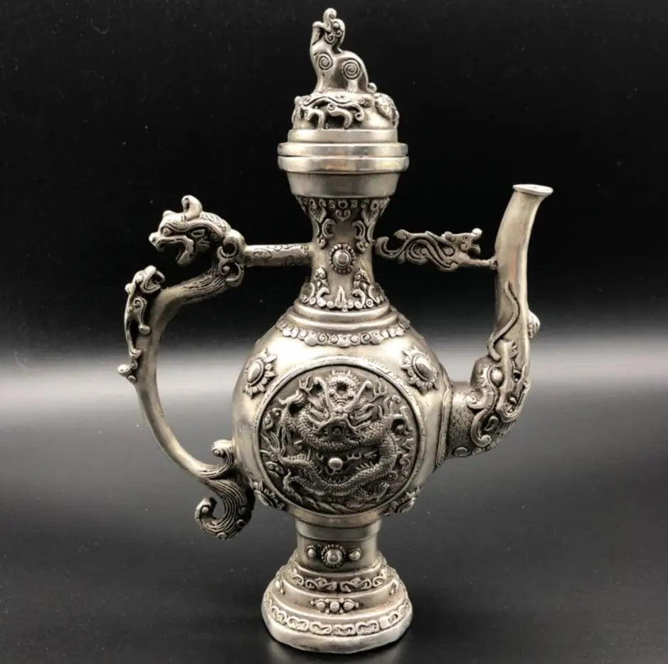 Chinese White copper Double sided dragon teapot crafts statue