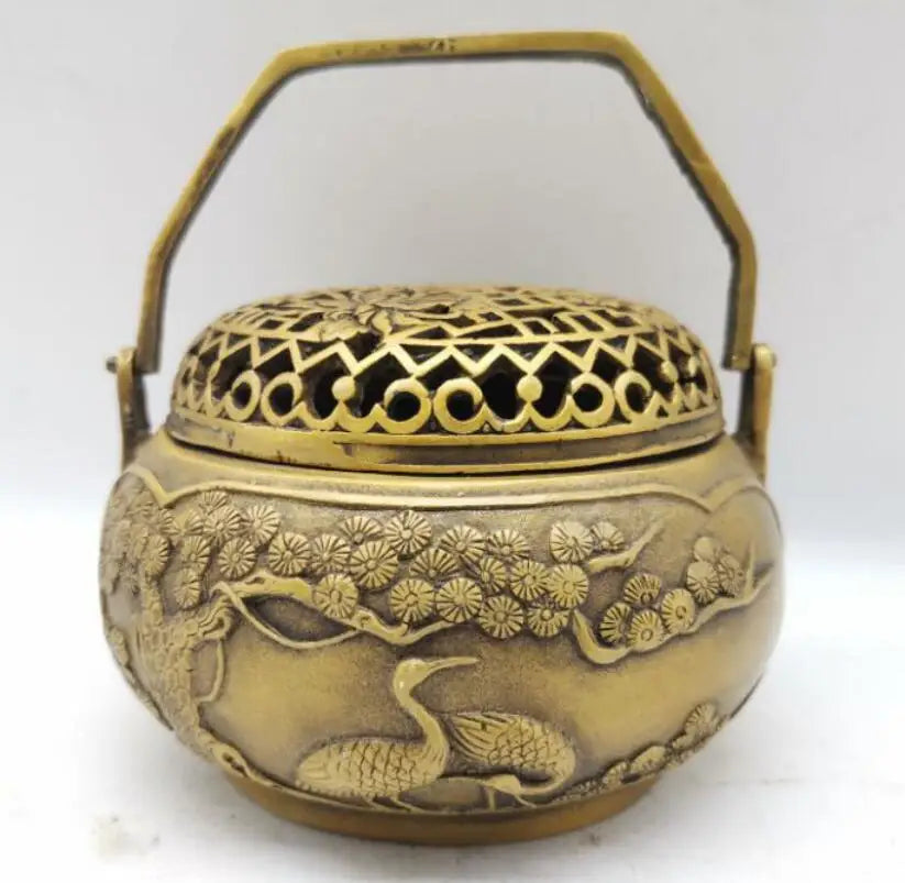 China brass carving crane incense burner crafts statue