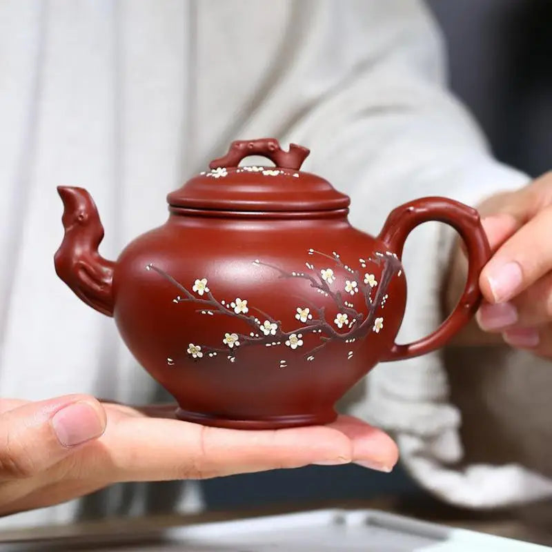 Dahongpao-Hand-carved Mud-painted Plum Blossom Primula Pot Zisha Teapot, Handmade Kung-Fu Teapot, Purple Clay Drinkware