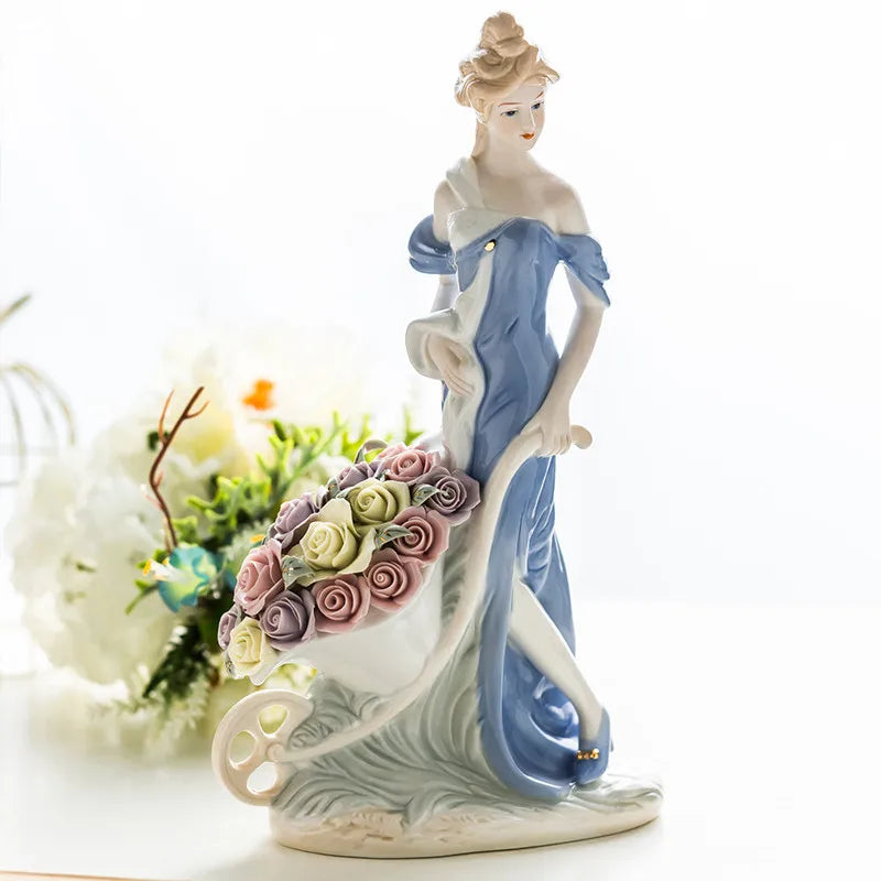 BIG 35CM EUROPEAN CERAMICS ROSE LADY ART SCULPTURE RETRO PORCELAIN GIRL FIGURE FIGURINE CHARACTER STATUE CRAFT HOME ORNAMENT
