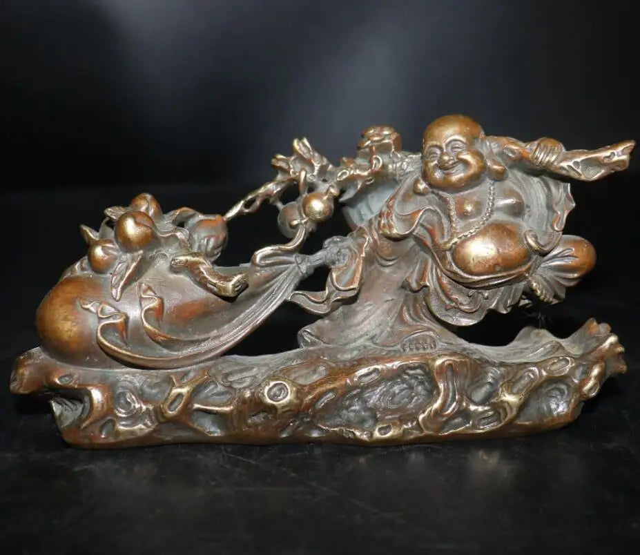 China brass maitreya Buddha Pull money bag crafts statue