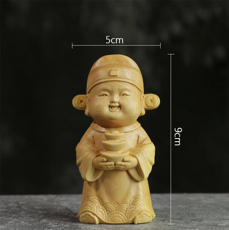 Boxwood 9cm Wealth God Sculpture Solid Wood Buddha Statue Feng Shui Cartoon Myth Collection Home Decor