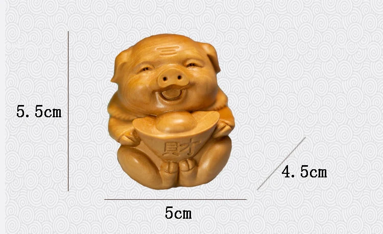 Boxwood 5cm Pig Sculpture Piggy with Gold Ingot Wood Animal Lucky Statue Blessing Home Decor