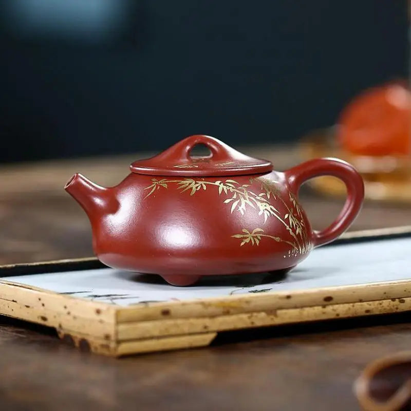 Handmade Bamboo Shadow Stone Scoop Teapot, Zisha Teapot, Handmade Pot, Kung-Fu Teaware, Purple Clay, Drinkware for Puer