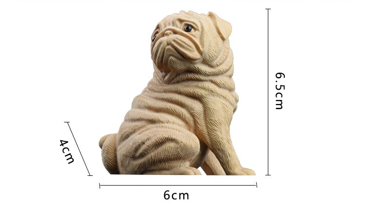 Boxwood 6cm Pug Dog Sculpture Wood Carving Puppy Animal Statue Lucky Dog Home Decor