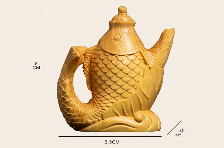 Boxwood 8cm Carp Teapot Sculpture Feng Shui Solid Wood Rich Teapot Lucky Fish Animal Statue Tea Ceremony Home Decor