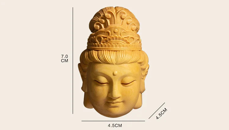 Boxwood 7CM Guanyin Head Pendant Solid Wood Carving Feng Shui Buddha Statue Chinese Wealth Sculpture Guan Yin Home Decor