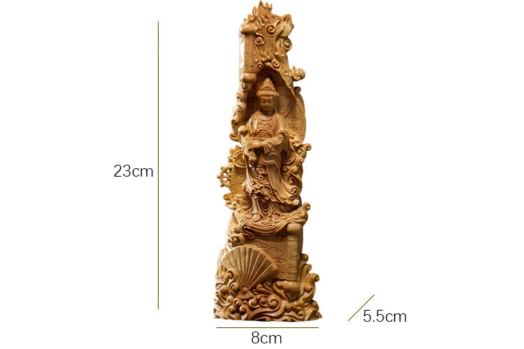 Boxwood 23cm Guanyin Sculpture Wood Buddha Status Feng Shui Worship Sea Guan Yin Home Decor