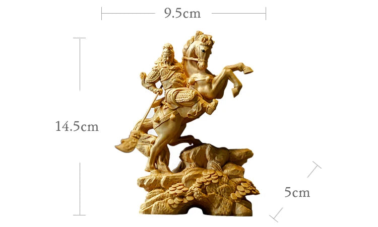 14CM Wood Statue Boxwood Carving Wealth God Lucky Riding Guan Gong Home Decoration Feng Shui Fortune Town Home Decoration