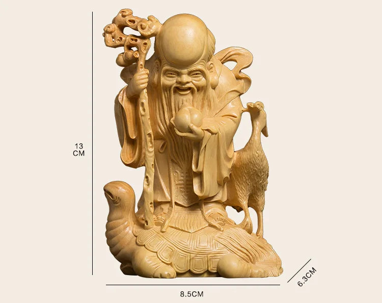 Boxwood 13cm Longevity God Sculpture Wood Carving Lucky Mythical Statue Fu Lu Shou Home Decor