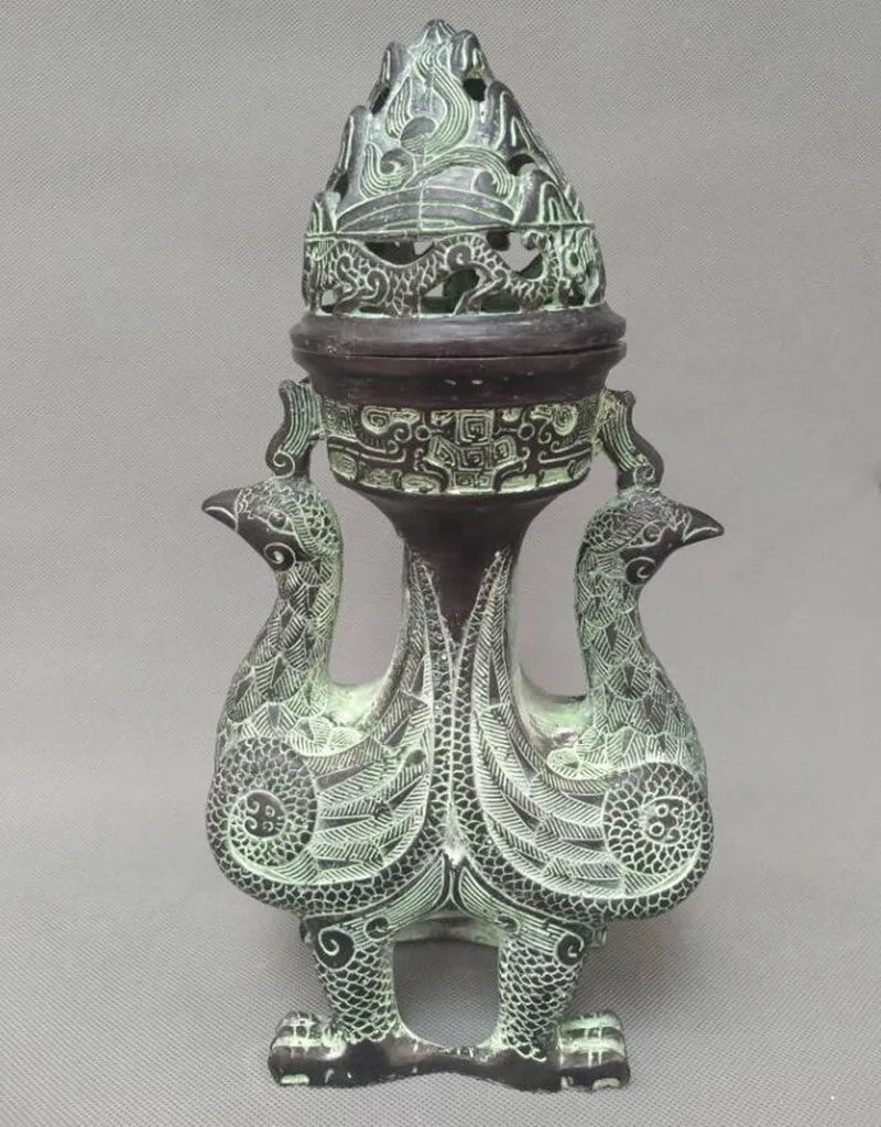 China bronze double phoenix Smoked incense burner crafts statue
