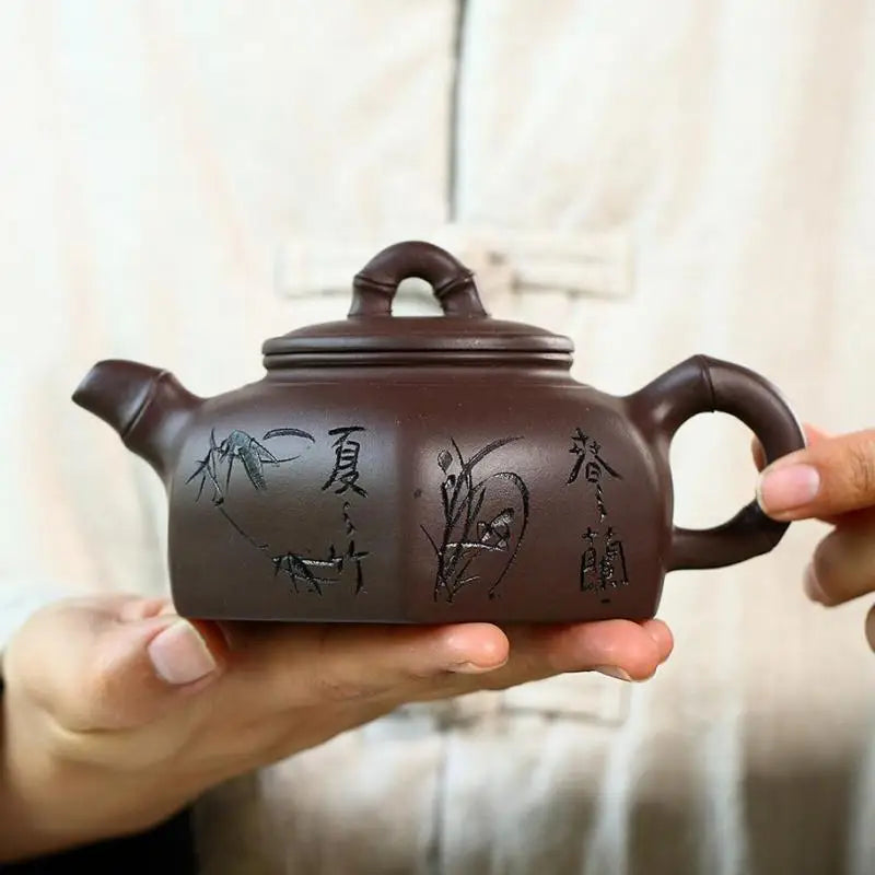 ZMini Bamboo Purple Clay Teapot, Yixing Handmade Pot, Kung-Fu Teaware, Purple Clay, Drinkware for Puer Green, Four Seasons