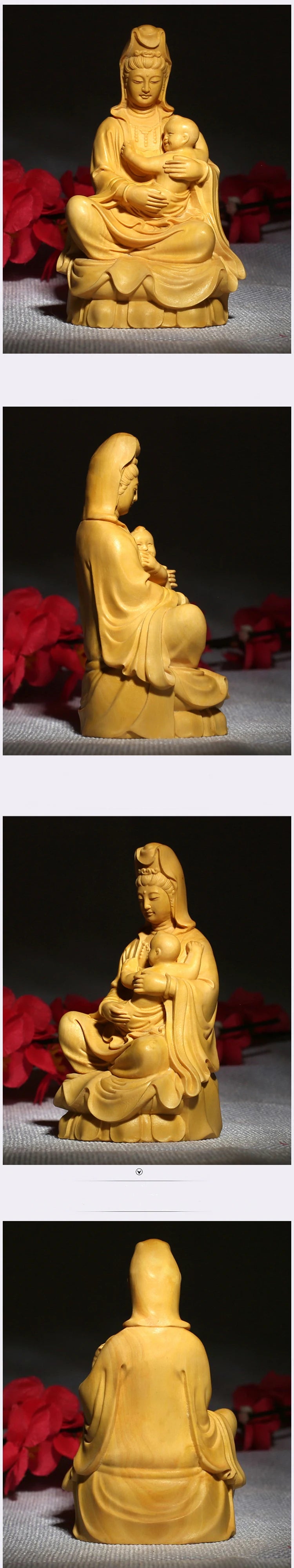 Guan Yin-Wooden Buddha Representation, Exquisite Sculpture for Home Decor, Artful Carved Miniature Sculpture for Elevated, Child