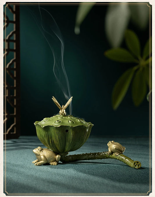 HOME BAR living ROOM TOP grade Nourishing heart Educated Frog Dragonfly lotus Incense burner bronze sculpture decorative statue