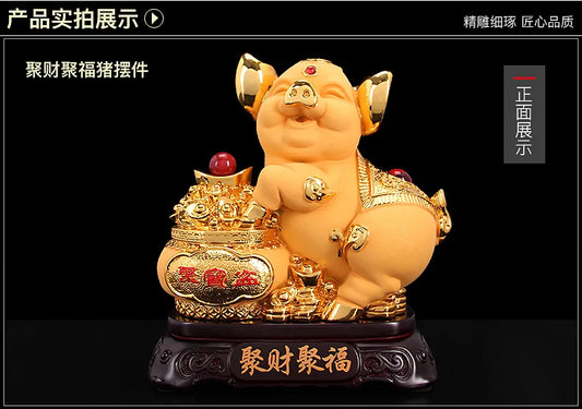 HOME office company shop thriving business Ornament Money drawing GOOK LUCK Fortune GOLD Pig Mascot FENG SHUI art Statue