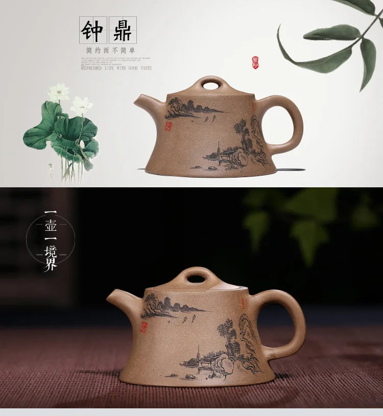 Gray Segment Mud Landscape Painting Zhong Ding Teapot Yixing Pure Handmade Purple Clay Tea Set Author Yi Zhang Free Shipping