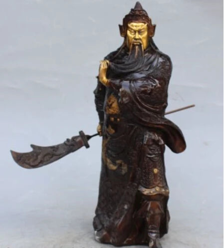 RHS0030 16"Chinese Bronze Gilt Stand Dragon Guan Guan Yu Warrior God knight Sword Statue