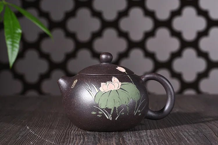 240ml Famous Yixing Purple Sand Tea Pot Genuine Full Of Black Ore Mud Hand Painted Lotus Xishi Teapot Tea Kettle Free Shipping