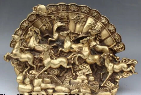 RHS0082 12" Chinese Fengshui Bronze Auspicious Great Wall 8 Horse folding screen Statue