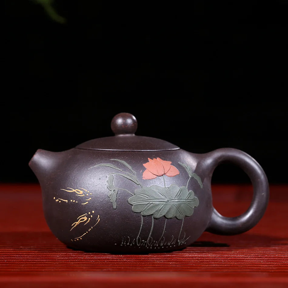 Handmade Colorful Mud Painted Yixing Teapot, Raw Ore Black Mud, Lotus Xi Shi Pot, Purple Clay, 188 Ball Hole, 170ml
