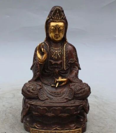 RHS0058 8" Marked China Buddhism Bronze Gilt Seat Lotus Kwan-yin Guan Yin Goddess Statue