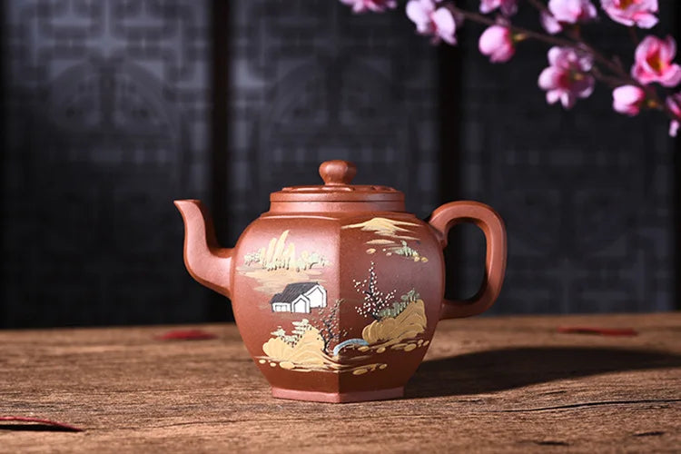 400ml Yixing Purple Clay Teapot Genuine Full Manual Qingshui Mud Painted Six Parties Tea Pot Kung Fu Tea Kettle Free Shipping