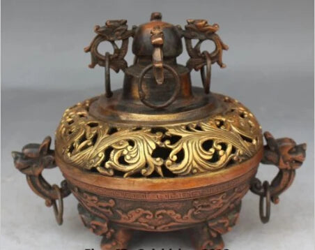 RHS0141 8" Chinese Dynasty palace Fengshui Bronze Gilt Dragon Lion incense burner Censer