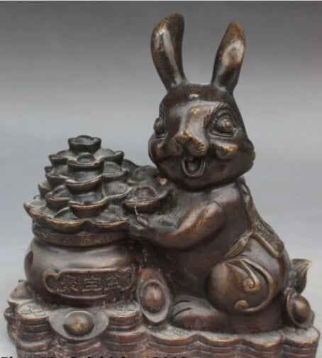 RHS0034 7"Chinese Fengshui Bronze Wealth Yuanbao Treasure Bowl Zodiac Year Rabbit Statue