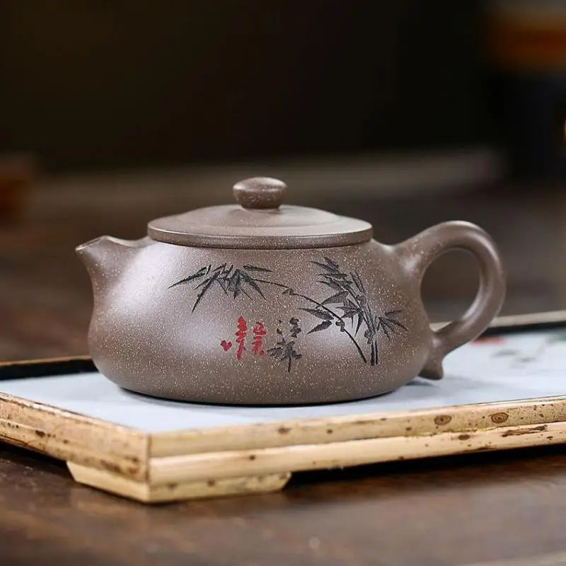 Handmade Zisha Teapot with Bamboo Shadow Flat Scoop, Kung-Fu Teaware, Purple Clay Drinkware for Puer Green and Black, Handmade P