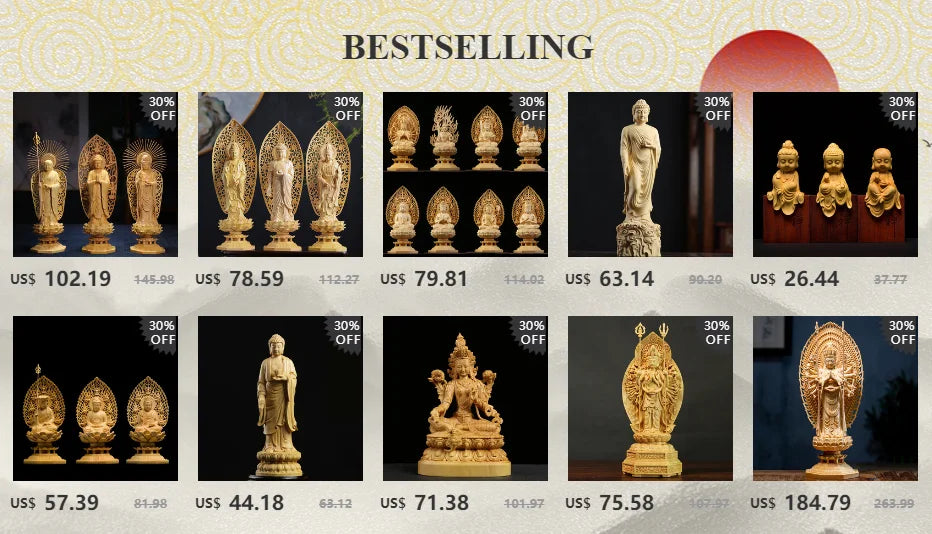 Boxwood 20cm Amitabha Buddha Sculpture Wood Carving Sakyamuni Statue Worship Home Decor