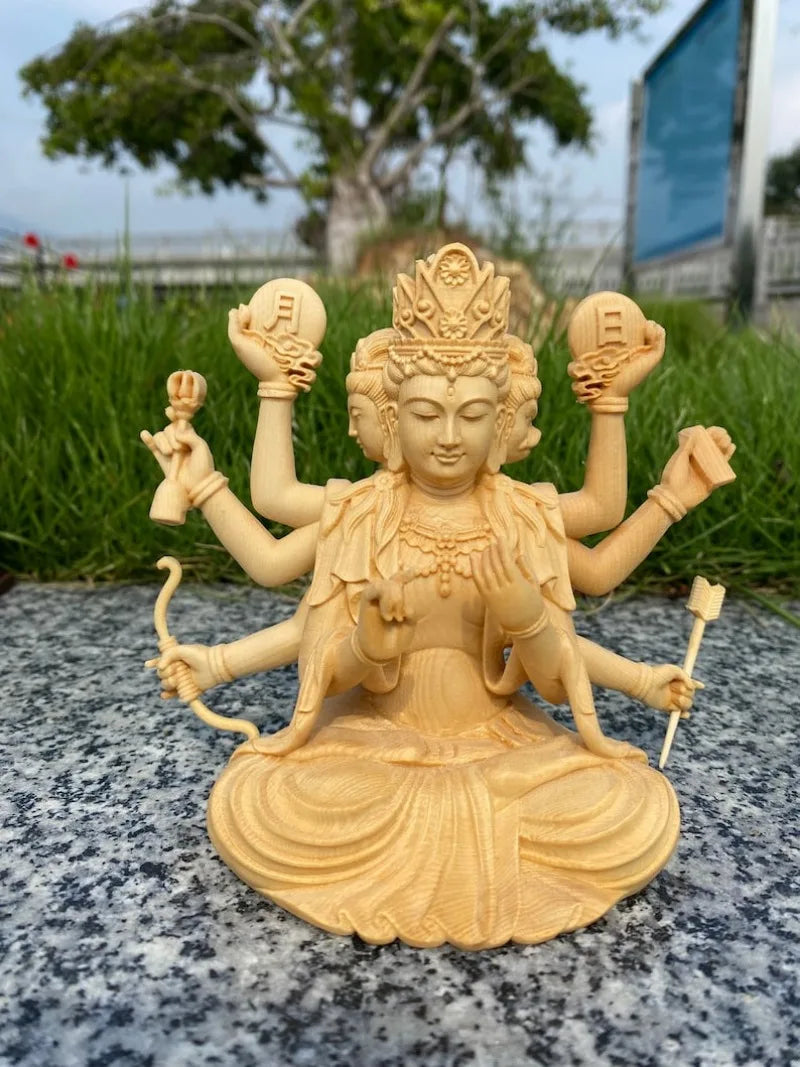 Hand-Carved Solid Hinoki Wood Tara Buddha Statue, Three Faces, Eight Arms, Home Decor, Living Room Craft