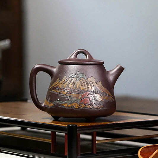 Hand Painted Landscape High Stone Scoop Teapot Boutique Yixing Purple Clay Tea Pot Tradition Beauty Tea Maker Zisha Teaware