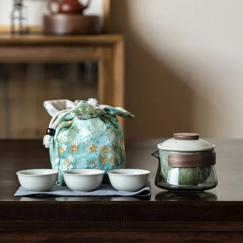 Hand Painted Quick Cup Anti-Scald Glass Travel Tea Set Outdoor Camping Portable Storage Cloth Bag Kung Fu Tea Set Chinese