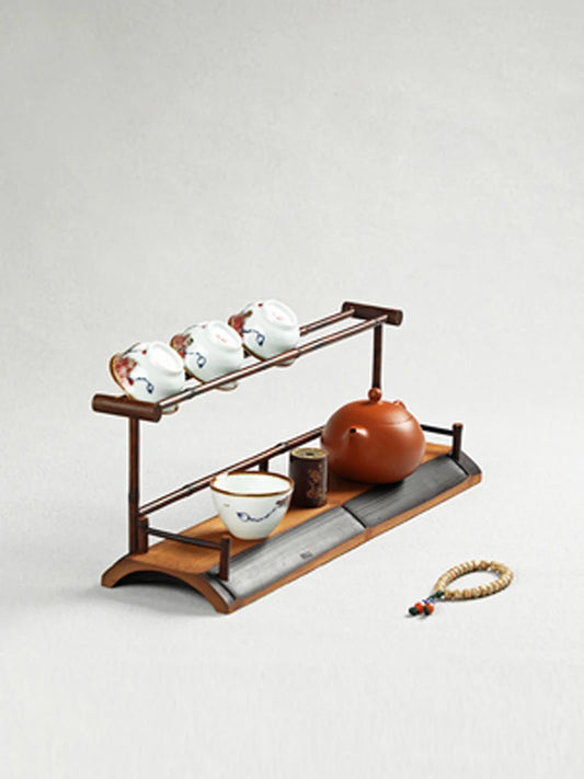 Hand made bamboo teacup rack drainage rack Chinese retro double-layer cup rack teapot tea set display taccessories