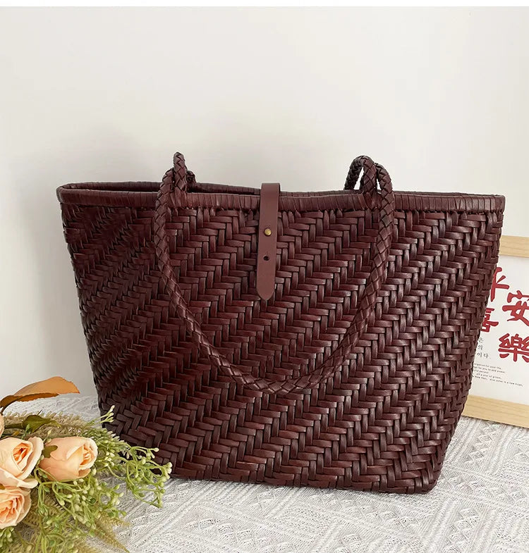 Hand-woven top layer cowhide women's French Braided cowhide hollowed-out vegetable shopping basket bag