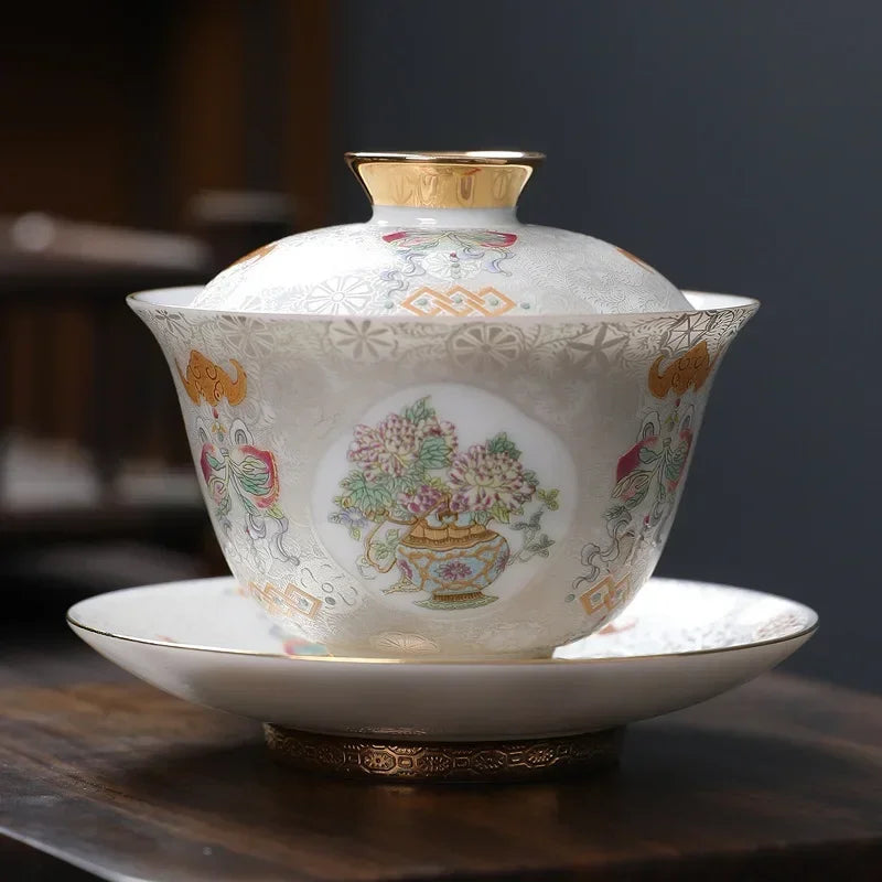 Handcrafted Goldpalace Enamel Colored Gaiwan Aesthetic Ceramic Bowl with Lid Tea Tureen Tea Maker Cover Bowl Teaset Collection