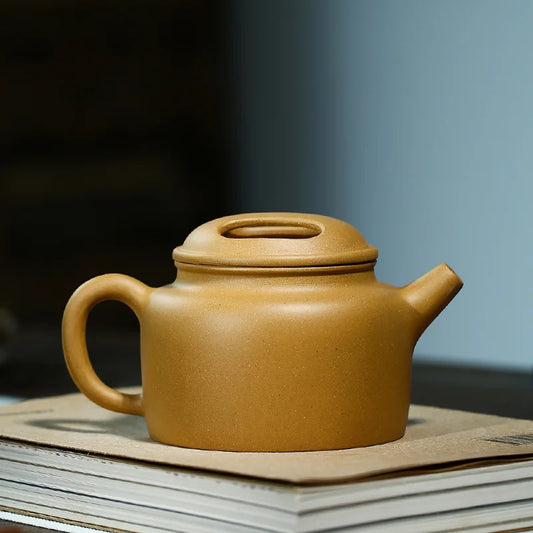 Handmade Clay Kung-Fu Teaware, Cow Lid Pot, Zisha Teapot, Purple Clay Drinkware for Puer Green and Black, Golden Section