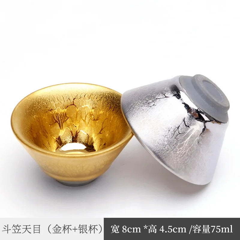 Handmade Gilding Jian Zhan Teacup Temmoku Cup Gold Oil Drops Master Cup Single Cup Kung Fu Tea Cup Single Yellow Small Golden