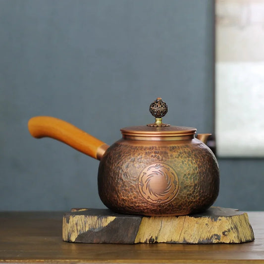 Handmade Side Handle Small Pot Hammer Pattern Carved Pot Antique Hammer Pattern Japanese Copper Teapot Solid Wood Handle Kettle