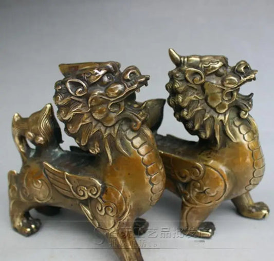 Handwork Fengshui Pixiu Brass Exorcism Chinese Oriental Old Kirin Statue