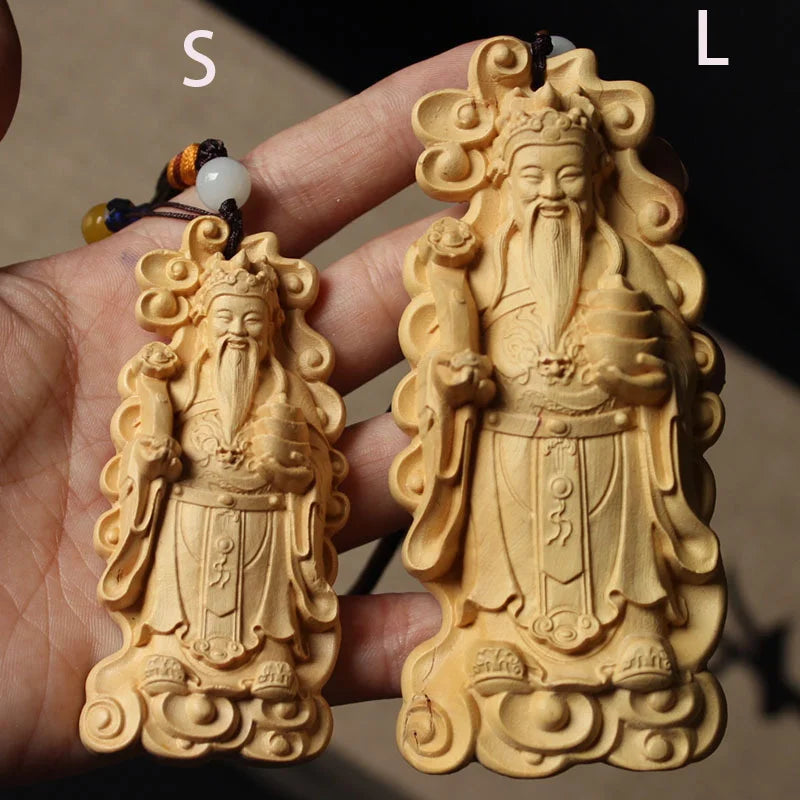 Solid wood carving God of Wealth pendant,Traditional hand carving,Wooden Home car Decorative statue,Gift souvenirs