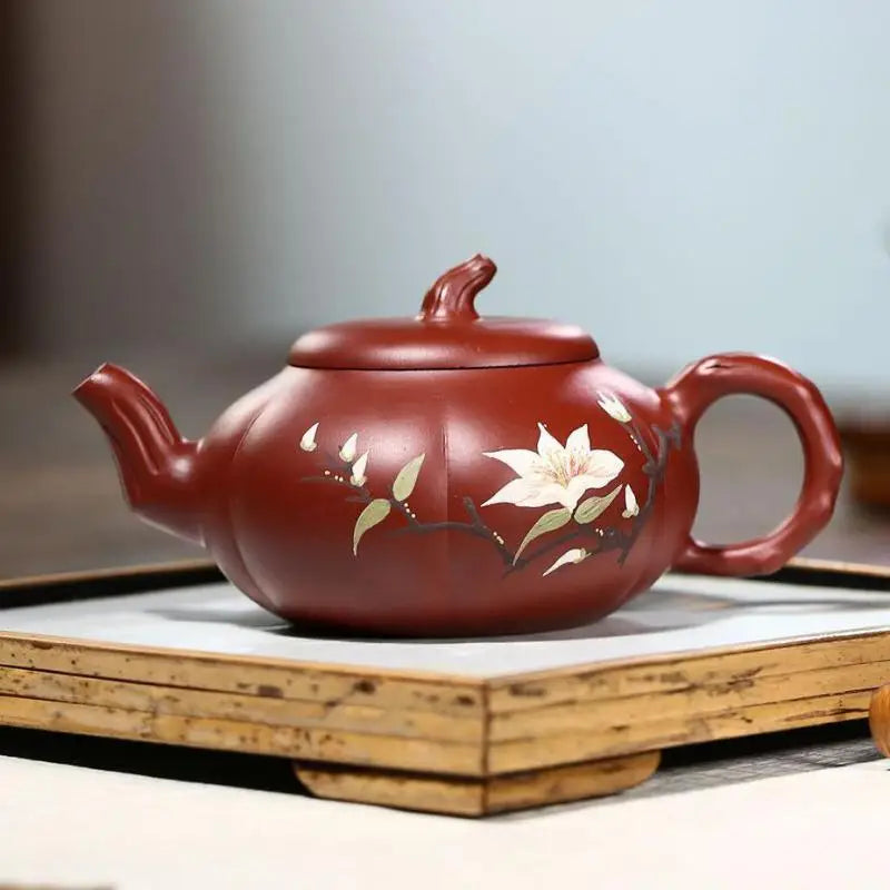 Dahongpao-Handmade Mud Painted Pumpkin Pot, Zisha Teapot, Kung-Fu Teaware, Purple Clay, Drinkware for Puer Green