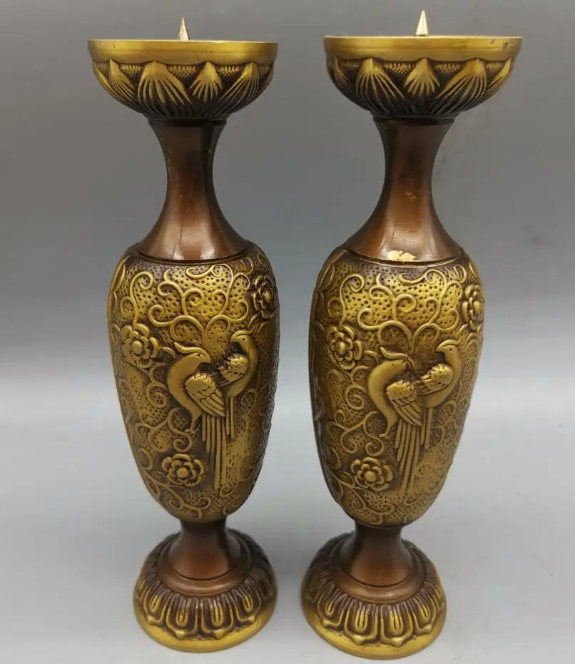 China brass archaize magpies Candle Holders crafts statue A pair