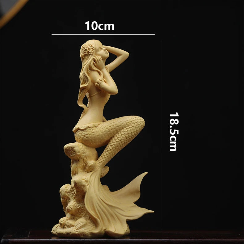 Boxwood 15cm 19cm Mermaid Sculpture Living Room Decoration Sea Beauty Figure Wood Statue Mermaid Home Decor