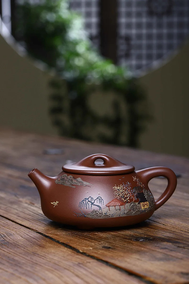 Yixing-Original Ore Purple Clay Teapot, Handmade Purple Clay Mud Painted Scenery Boat Stone Scoop, Large Capacity Chinese Pot