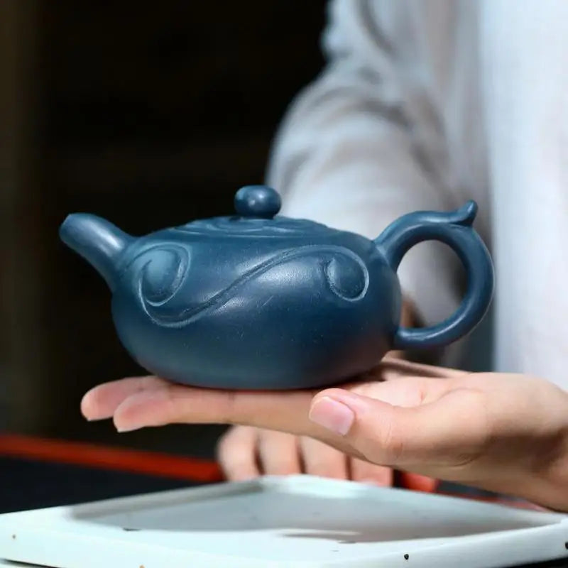 Handmade Zisha Teapot with Auspicious Clouds, Yixing Handmade Pot,Purple Clay Drinkware for Puer Green and Black